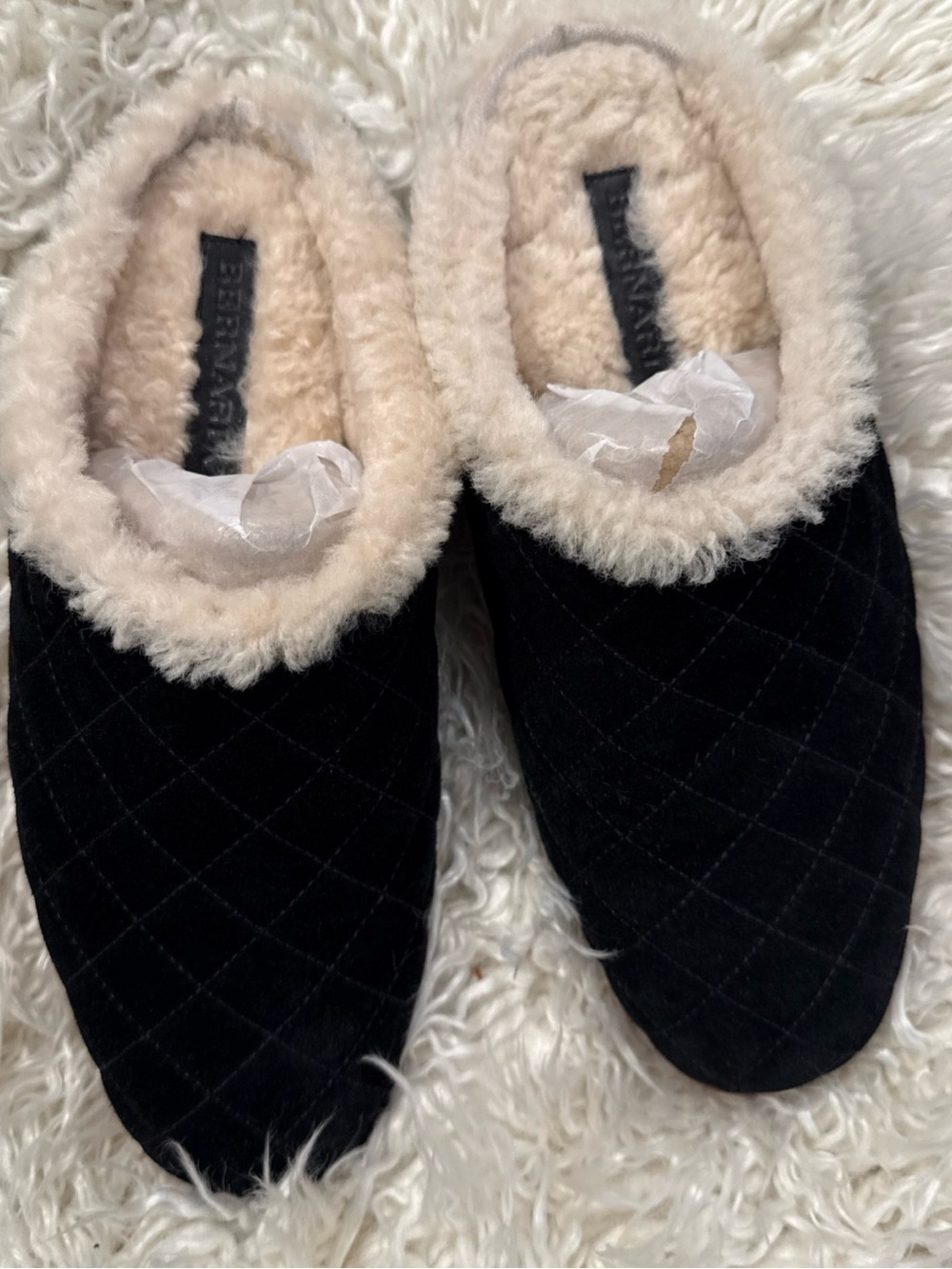 Bernardo Quilted Faux-Fur Trim Slip-On Slippers - Black & Cream